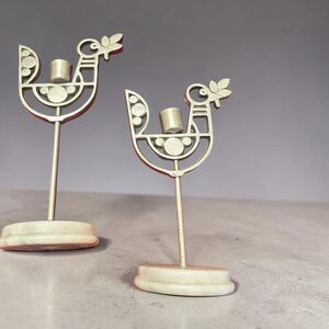 Scandinavian Style folk art Pewter Bird Candle Holder Set On Marble Base